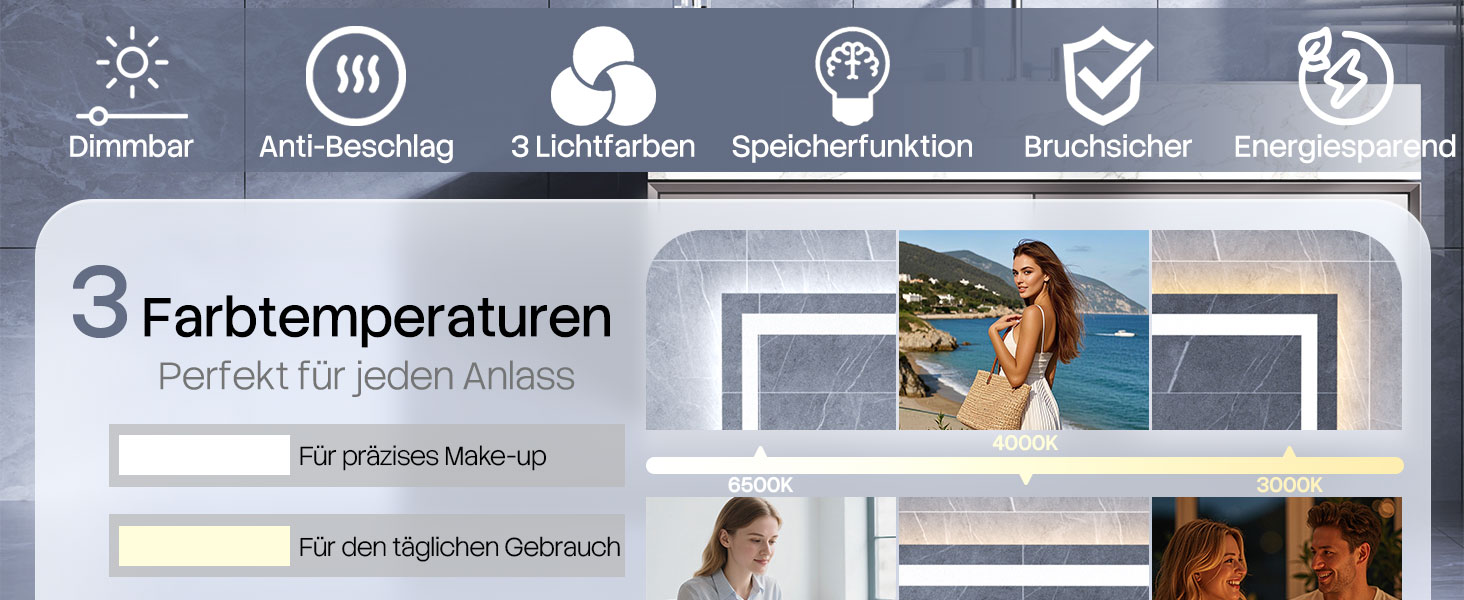 Дзеркало для ванної кімнати HySail з підсвічуванням, 5 мм, висока роздільна здатність, срібне скло, 3 колірні температури, регульована яскравість, сенсорний вимикач, антизапарник, 80 x 60 см
