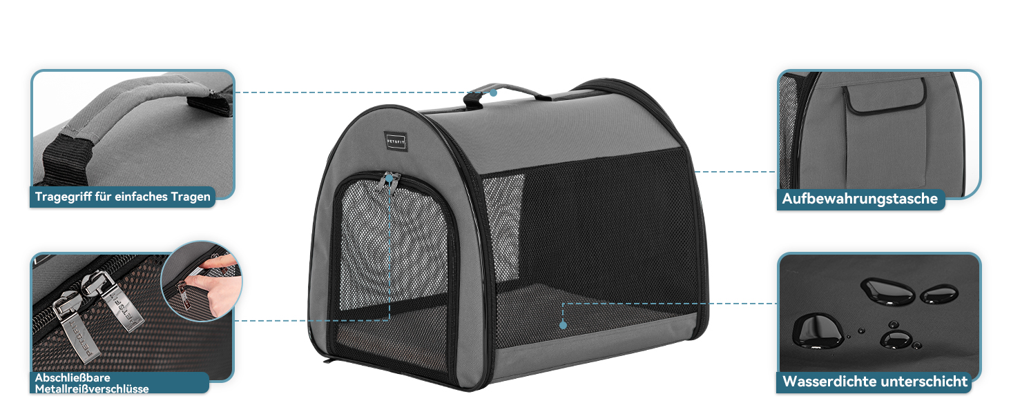 Складана переноска для собак та котів Petsfit сірого кольору S, з м'яким килимком та анти-відкривальною блискавкою