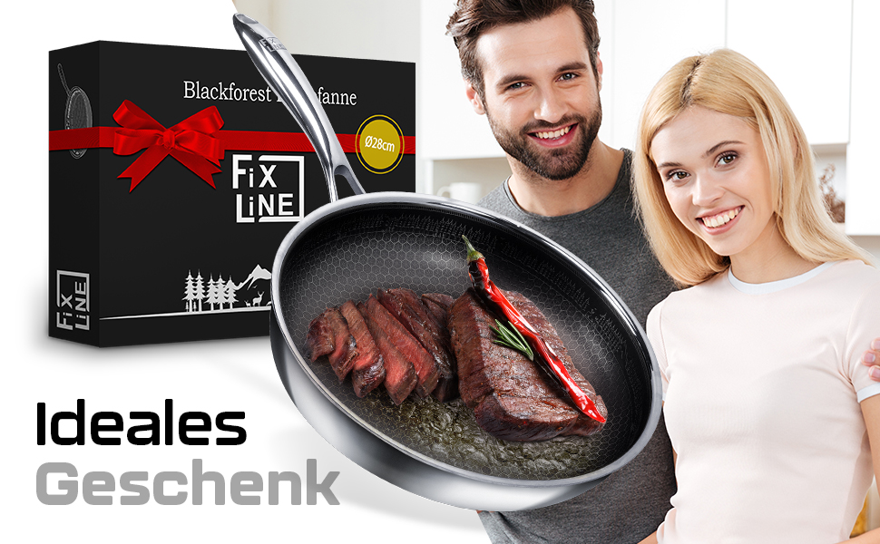 FIXLINE Black Forest Non-Stick Frying Pan - 28cm - Red Design - PTFE-Free - Compatible with All Cooktops (including Induction) - Oven Safe up to 250°C - Easy Cleaning - Ideal Gift