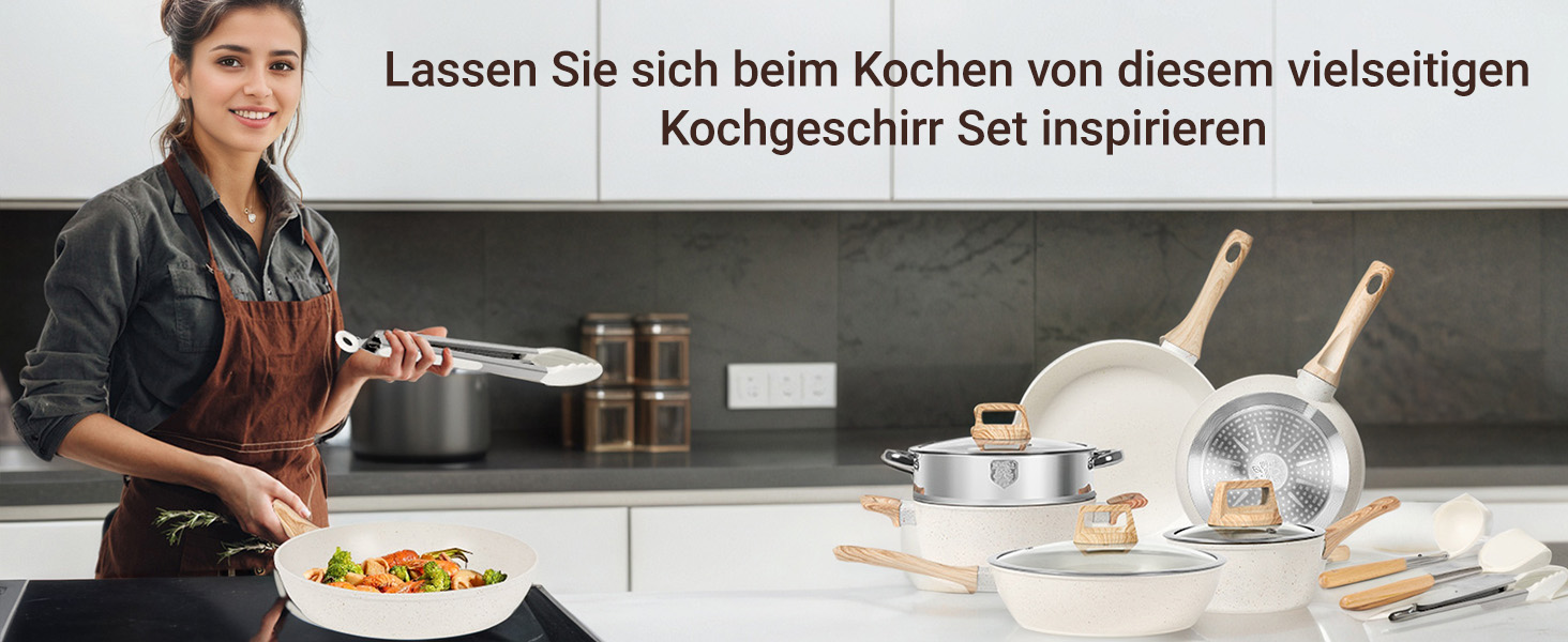 Набір каструль 12 шт. Induktion Kochset: Набір посуду з медичного каменю з кришкою, антипригарне покриття. Ідеально для приготування, смаження та випікання (чорний)
