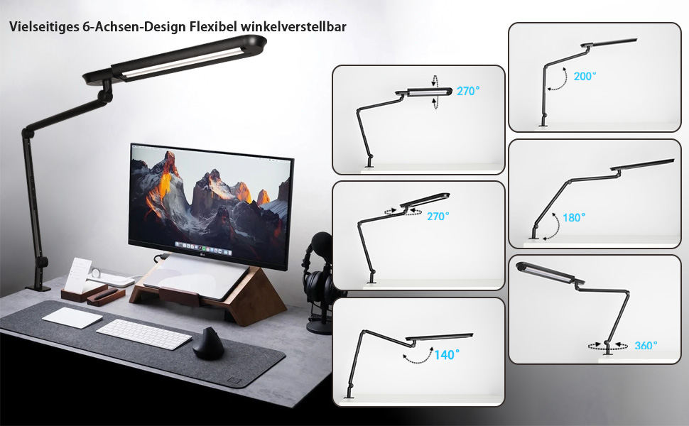 LED лампа настільна з кліпсою, 18W, 1100 люменів, регульована, для офісу та дому, без відблисків, захист очей, білий (чорний)