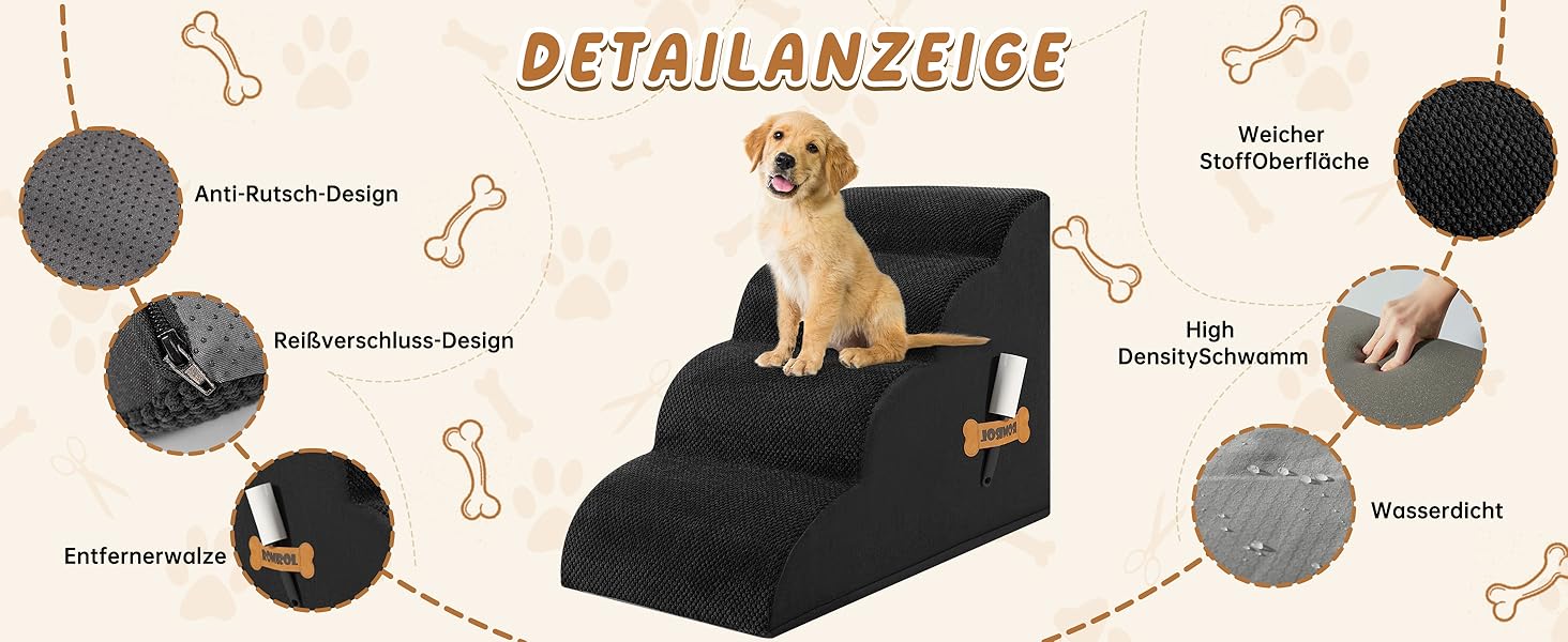 Сходинки для собак та котів ROMROL – 4 сходинки, чорного кольору, з неслизьким покриттям, Memory Foam, для захисту суглобів, легко миються