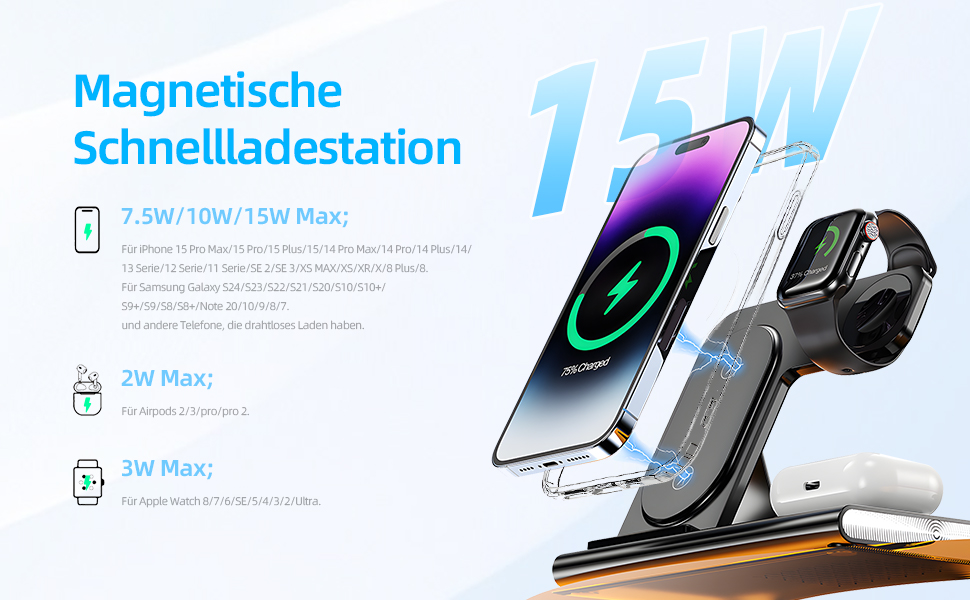 Бездротовий зарядний пристрій Carehabi 3-в-1: для iPhone, Apple Watch та AirPods Pro