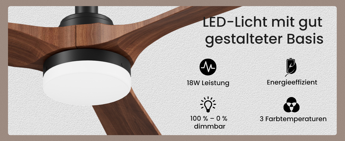 Стеляний вентилятор з дерева з підсвічуванням, 90 см, тихий DC-двигун, 6 швидкостей, пульт з пам'яттю, таймер, 24W LED, регулювання яскравості