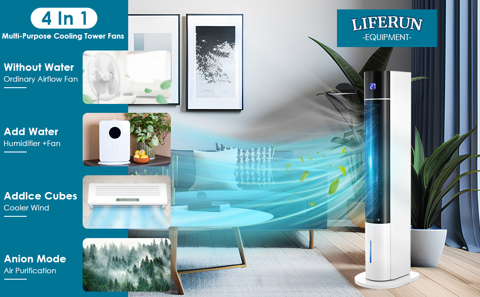 Турбовентилятор 104 см з дистанційним керуванням та водяним охолодженням, 4 в 1: охолодження, зволоження, очищення повітря. Обертання 50°, таймер 12 годин, тихий, для спальні, вітальні, білий