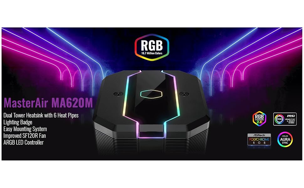 Охолоджувач процесора Cooler Master MasterAir MA620M з RGB підсвічуванням - кулер з двома радіаторами, 6 heatpipes та тихий вентилятор SF120R