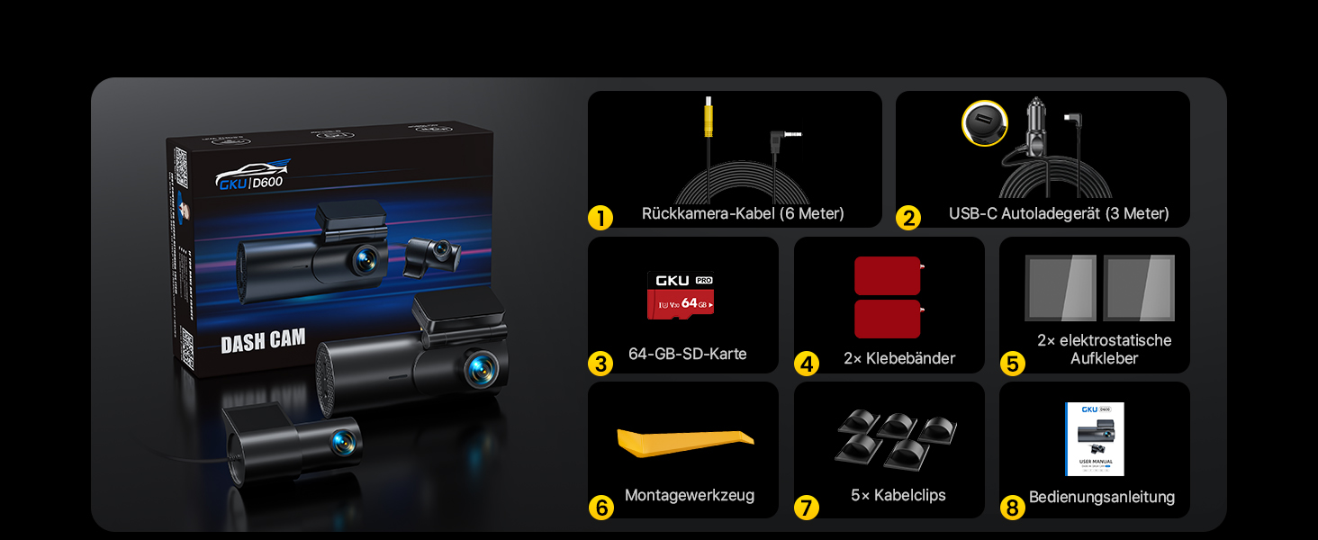 Автомобільний відеореєстратор GKU 4K+1080P (передній та задній), 5GHz WiFi, з карткою пам'яті 64GB, глянцевий чорний