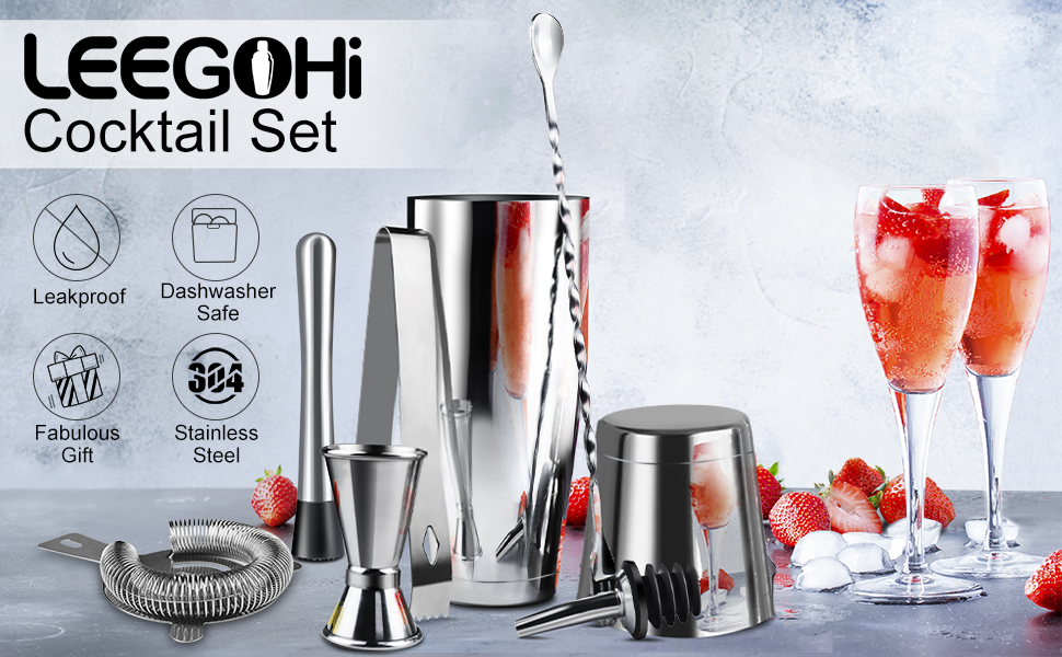 Набір шейкер для коктейлів Boston 700/600мл | Нержавіюча сталь | 8-ми частинний набір для бармена з аксесуарами: мірний стаканчик та барна ложка | Ідеально для дому та бару