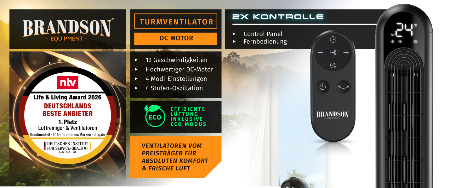 Вентилятор Tower Brandson Eco Design DC – тихий, 12 швидкостей, 4 режими (нормальний, природа, сон, авто), з пультом ДК