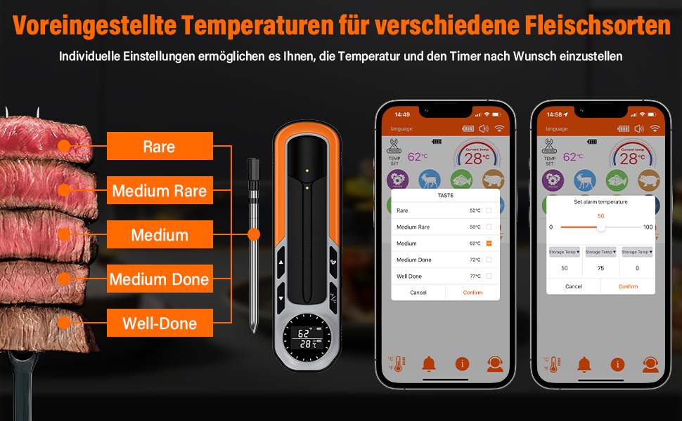 Розумний бездротовий термометр для м'яса з Bluetooth, дисплеєм, стійкістю до 275℃, цифровий кухонний термометр для духовки, гриля та шашлика