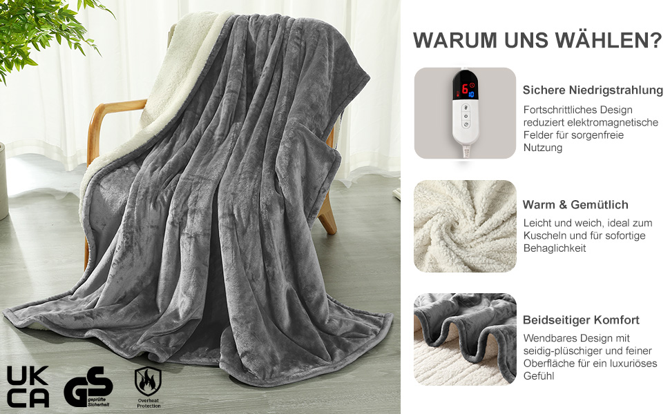 Електрична ковдра COZYTY 150x200 см з таймером та захистом від перегріву, фланель, 6 режимів нагріву, сіра