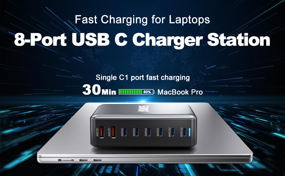 Зарядний пристрій USB-C 500W, 8 портів, GaN PD PPS, для MacBook Pro/Air, iPad, iPhone 15/16, Galaxy S23 - чорний