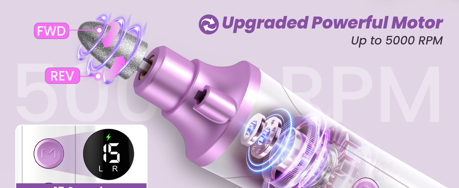 Електричний набір для манікюру та педикюру з 9 насадками та 15 швидкостями, LED-підсвічуванням, W-Lila