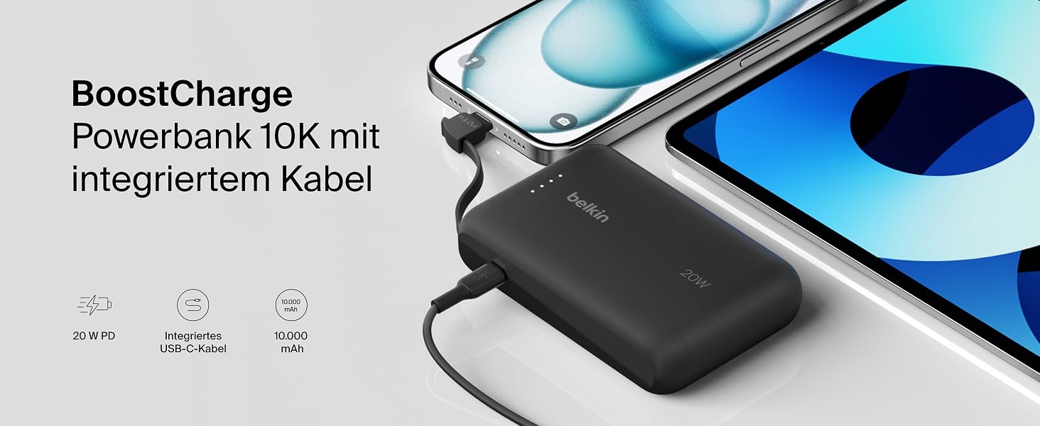 Повербанк Belkin BoostCharge 10000mAh 20W з вбудованим кабелем USB-C, LED-індикатором, чорний