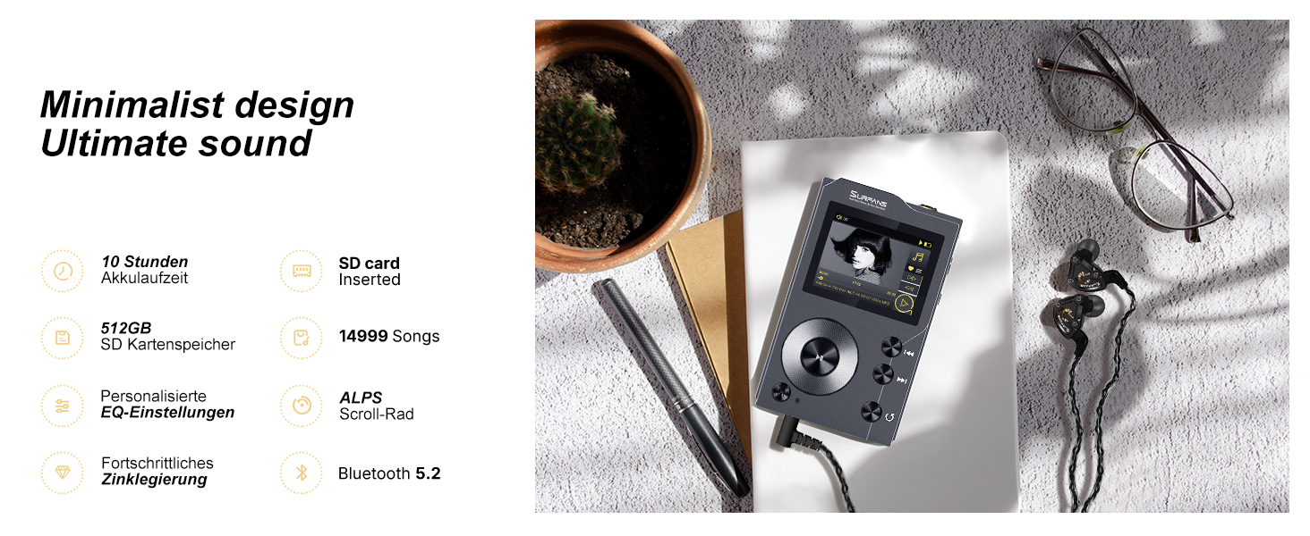 Surfans F20 - MP3 плеєр з Bluetooth 5.2, DSD DAC, без втрат високоякісний цифровий звук, портативний аудіоплеєр з 64GB карткою пам'яті, розширювана до 256GB