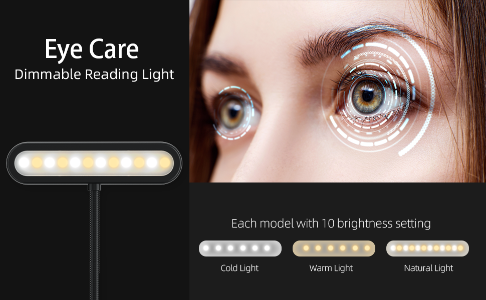 Ліхтарик для читання з кліпсою, USB-C, 3 кольори світла, 10 рівнів яскравості, гнучкий регульований тримач, для книг, дітей, чорний - 2 шт.