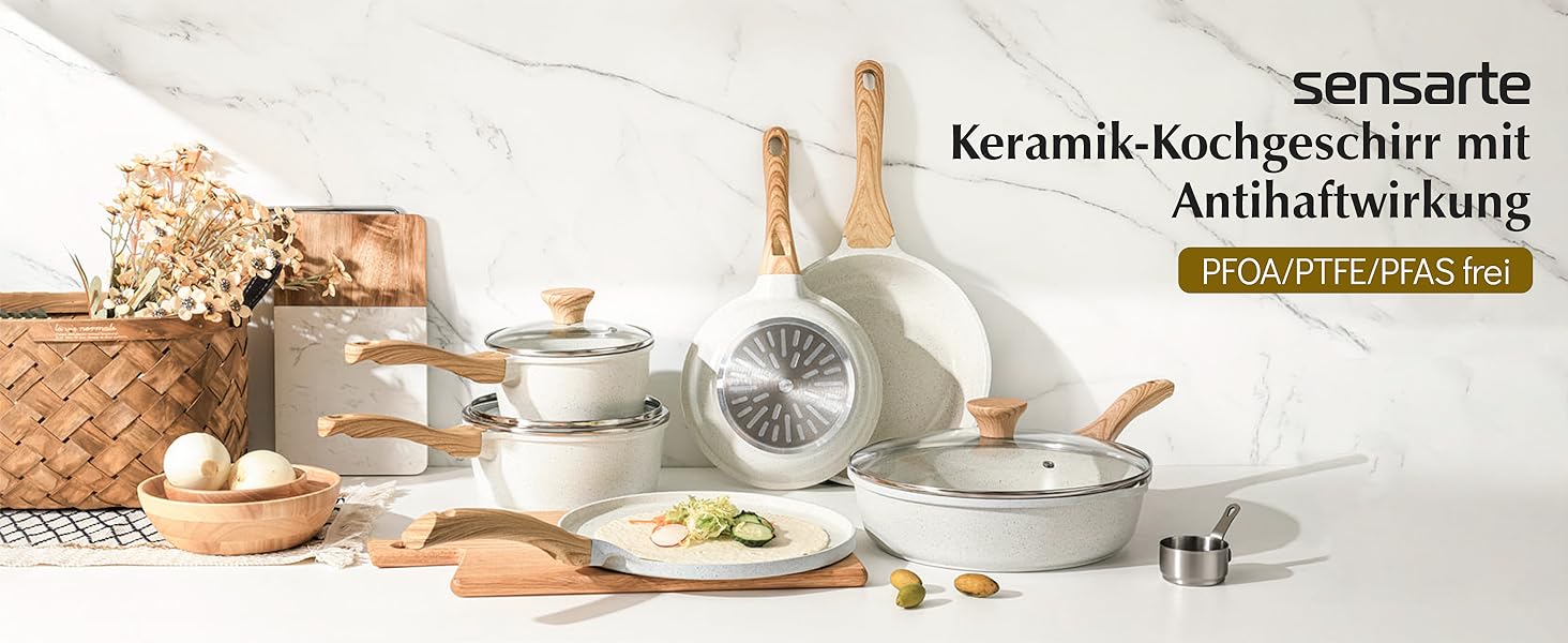 Набір посуду SENSARTE з антипригарним покриттям Ceramic, 13 предметів: каструлі та сковороди. Безпечний набір посуду з нержавіючої сталі з Cool-Touch ручками, силіконовими інструментами та захистом для дна. Без PFOA/PTFE/PFAS. Білий.