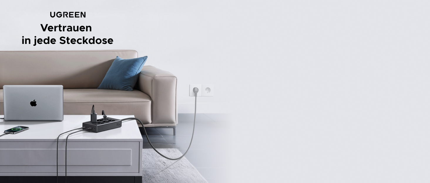 Мережевий фільтр UGREEN 10-в-1 з USB, подовжувач з 20W швидкою зарядкою USB-C, захист від перенапруги, 3680 Вт, кабель 1.5 м, для офісу та дому