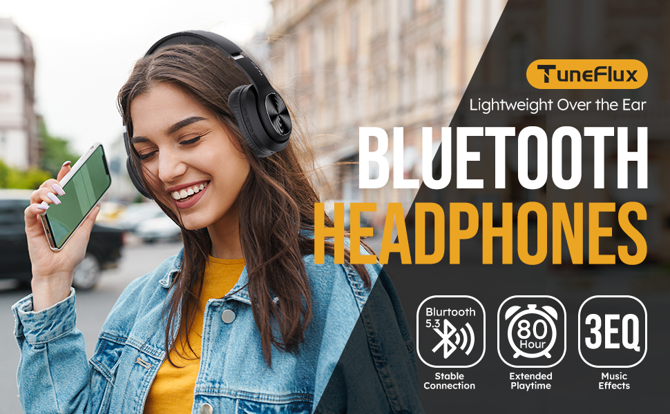 Bluetooth навушники TuneFlux Over Ear: 80 годин роботи, 3 режими EQ, HiFi Stereo, мікрофон, чорний