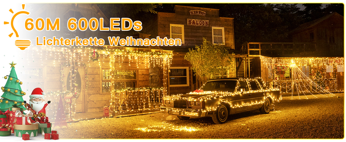 Ланцюжок прикрас Ollny з 200 LED, 60м, з пультом та таймером, IP44, тепле світло. Підходить для декору ялинки, вечірки, весілля, святкування.