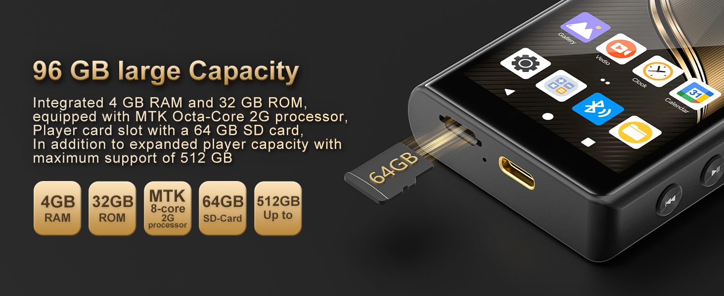 HiFi MP3 плеєр ZAQE з Bluetooth та WiFi, Android 12, Lossless DSD DAC, підтримка Flac, 64GB карта пам'яті (до 512GB), чорний