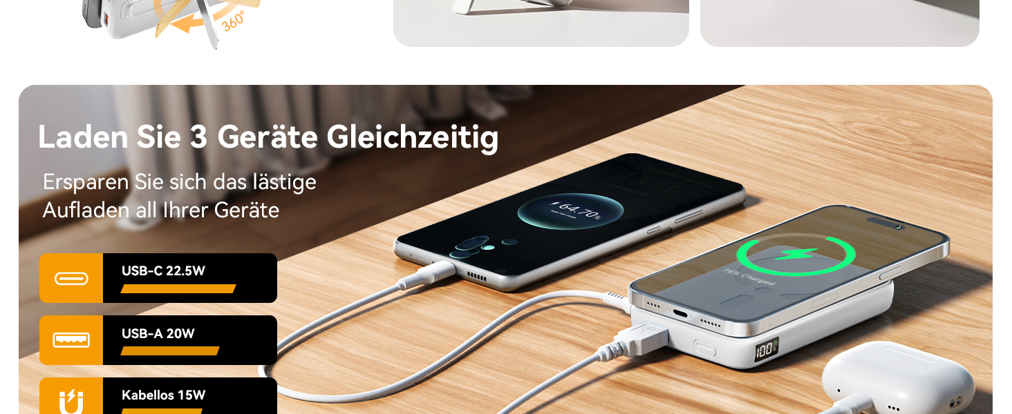 Power Bank 12000mAh з MagSafe, висувним підсвічуванням та USB-A виходом 22.5W PD, LED-дисплей, Type-C, білий