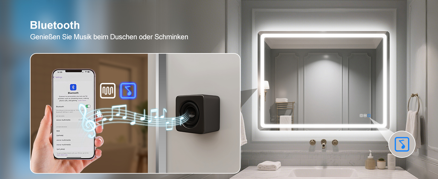 Дзеркало для ванної кімнати зі підсвічуванням STARLEAD 100x70 см з Bluetooth, антизапотівання, регулювання яскравості, 3 кольори світла, пам'ять, IP44, LED, горизонтальне/вертикальне, HD скло, Madrid Silver (M3015)