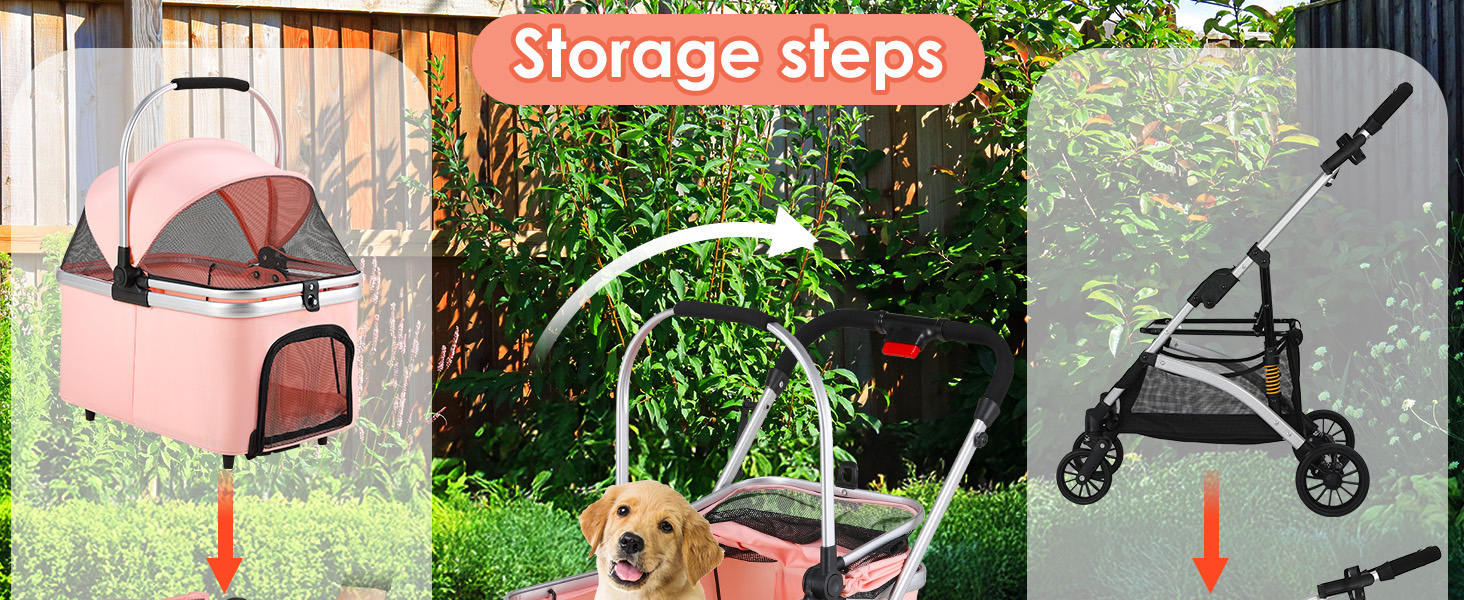 Візок для собак Mamizo 3-в-1: візок, переноска, сумка, до 20 кг, поворотні колеса, кошик, тримач для напоїв, для собак та котів (сріблястий, рожевий)