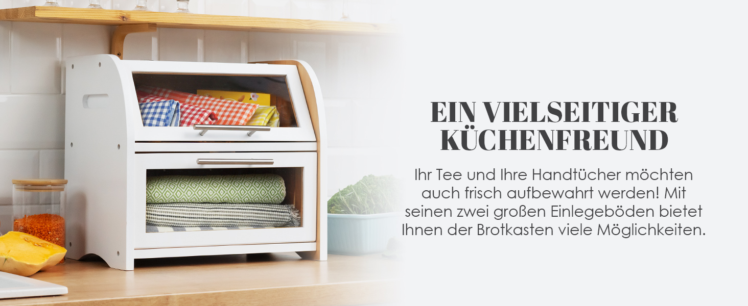 Бредониця Arise з вентиляцією, велика для зберігання хліба, 2 полиці та вікно, дерев'яна для хліба, булок, зберігання. 40 x 26 x 37, бамбук White, самостійна збірка