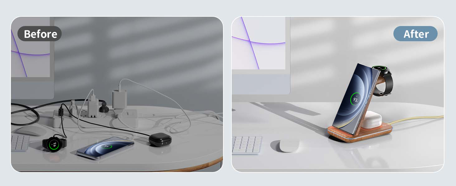 Бездротова зарядка JoyGeek 3 в 1 для Samsung Galaxy: смартфонів (S25/S24/S23/S22/Z Flip/Fold) та годинників/навушників (Watch Ultra/8-4/Buds), з бамбуковою підставкою