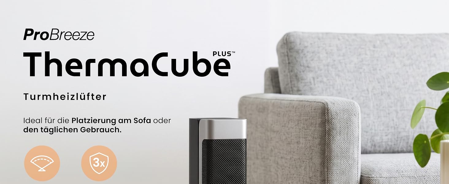 Керамічний тепловентилятор-тумба Pro Breeze ThermaCube Plus 2200W з термостатом, дистанційним керуванням та функцією обертання 65°, Eco-режим, захист від перекидання
