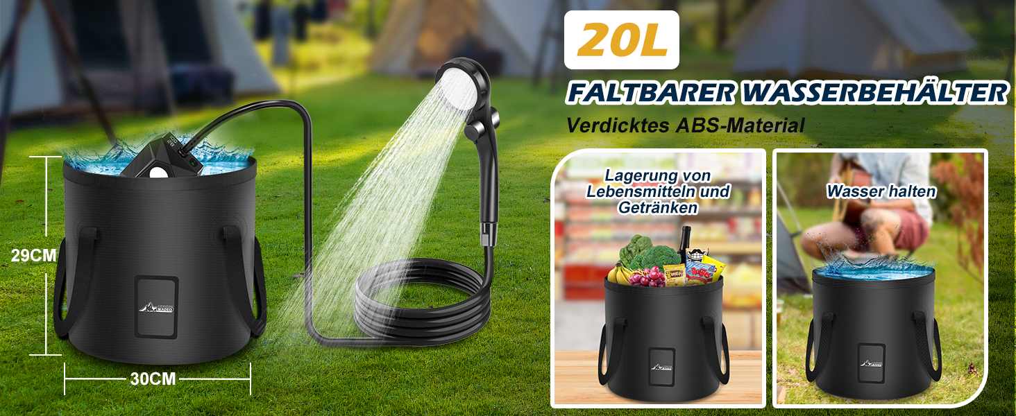 Портативна душова кабіна WADEO з акумулятором, насосом та підсвічуванням, 120 хвилин роботи, LED-підсвічування, комплект мобільної душової з 2м шлангом, душовою насадкою, тримачем та відром для душу, для саду, миття авто, тварин, пляжу, подорожей, чорного кольору, з відром на 20л