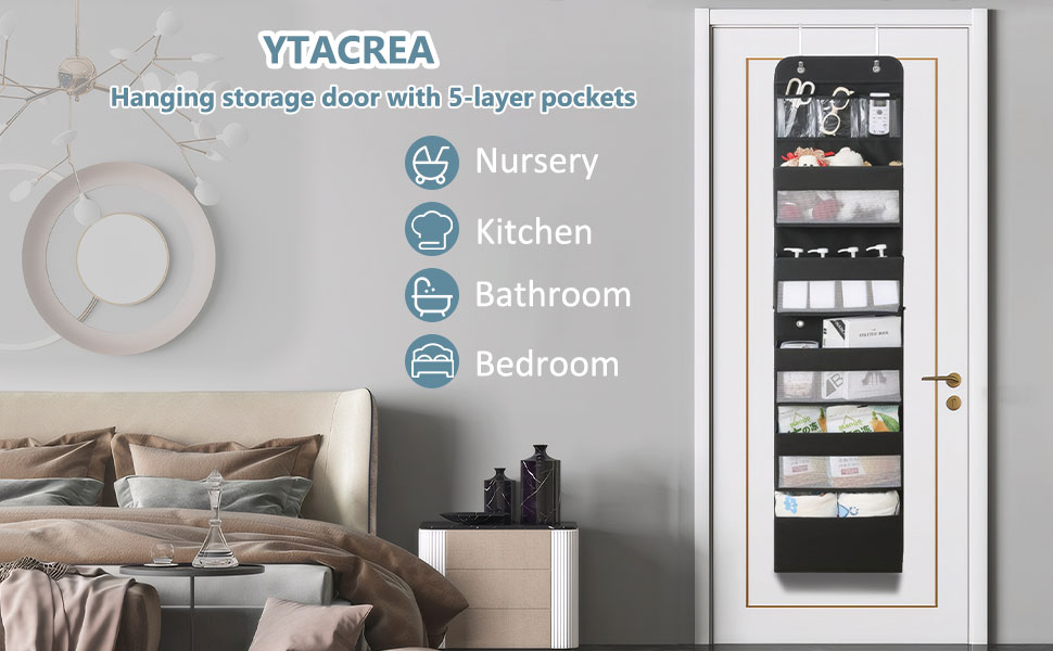 Організатор для дверей, підвісний, з 5 кишенями, з гачками, для ванної кімнати, шафи, кемпінгу, 150x36.5x14 см (Чорний)