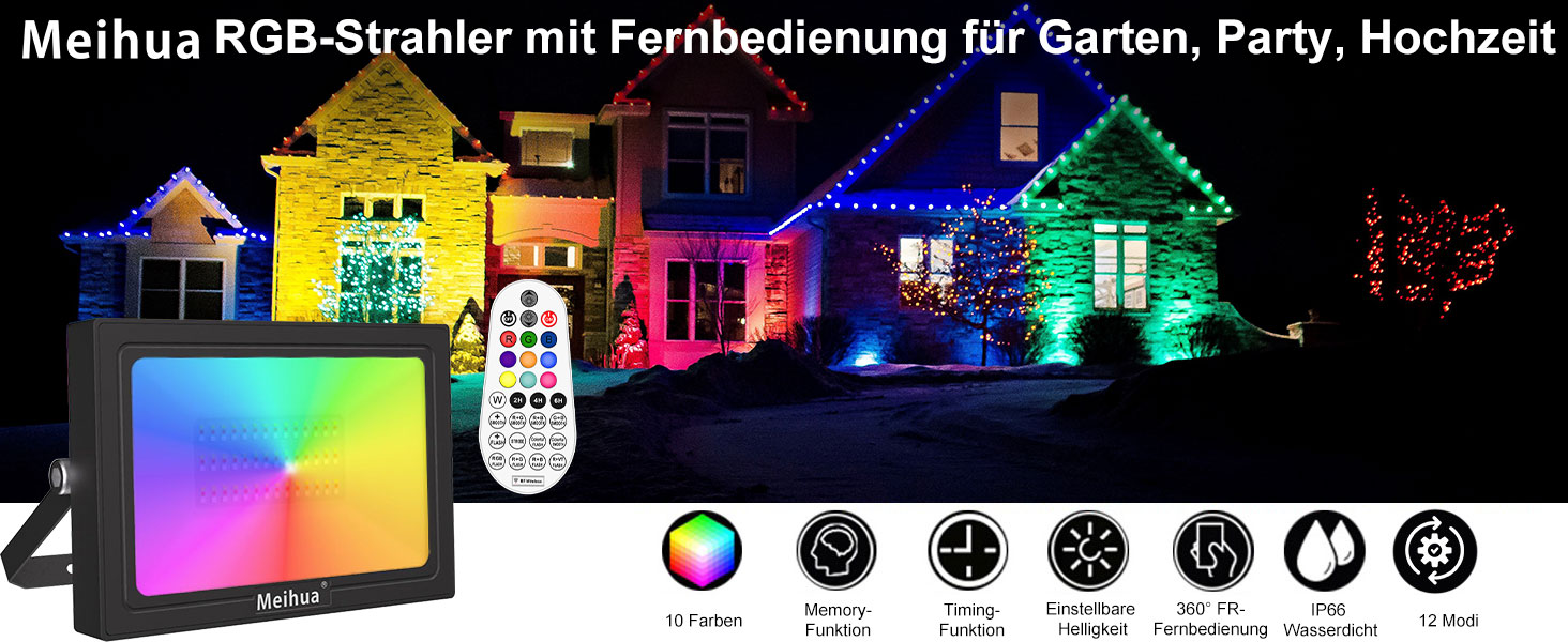 Світлодіодний RGB прожектор MEIHUA 60W з пультом, IP66, 10 кольорів, 12 режимів, таймер, для саду, ландшафту, вулиці