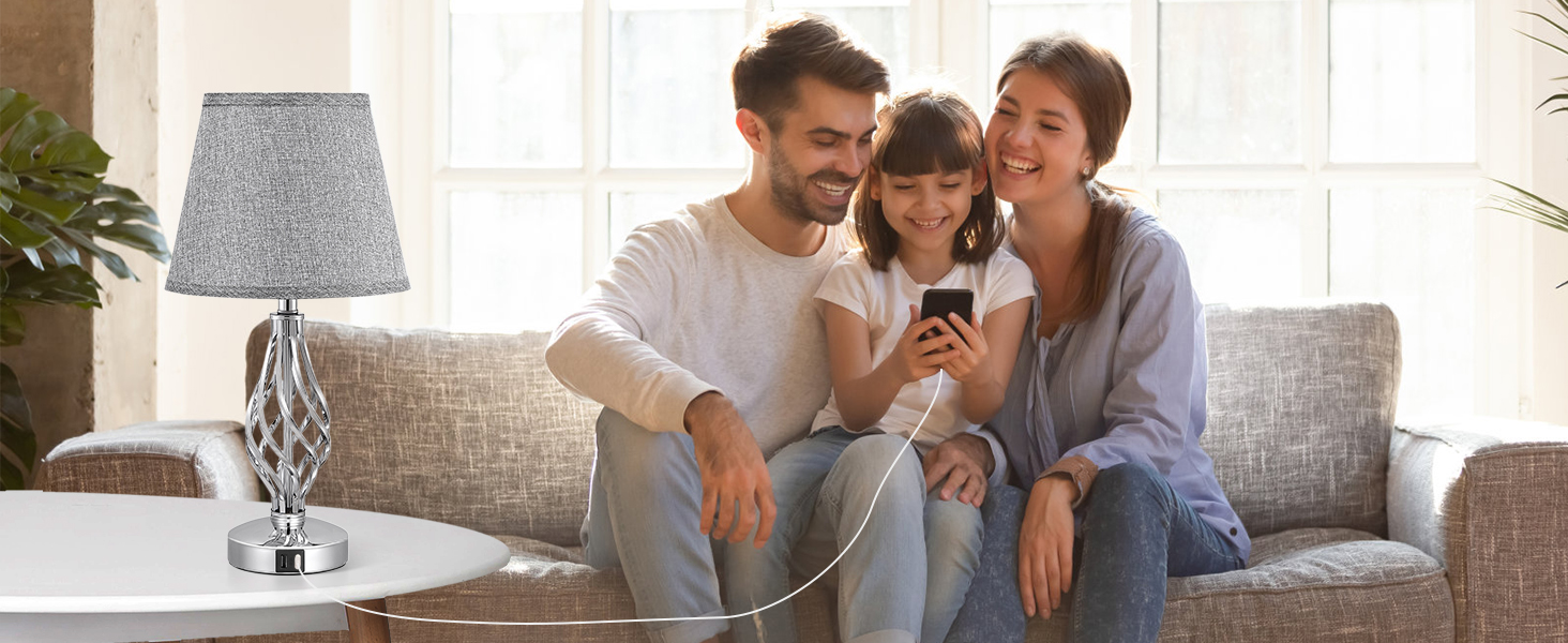 Настільна лампа Kakanuo 2 шт. з USB зарядкою, диммуванням та LED-лампочками, сірий абажур. Сучасний дизайн для спальні, вітальні, офісу.