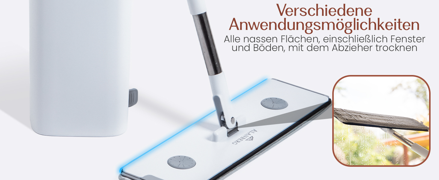 Набір для миття підлоги XL з відром, 2-камерна система, телескопічна ручка 143-181 см, плоский моп 40 см, самовіджимання з видаленням шерсті тварин та 2 мікрофібровими накладками, білий – ALANBERG®