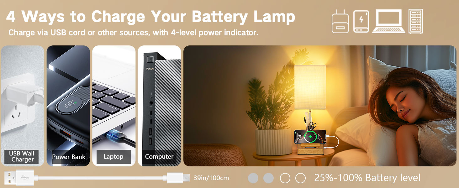 Настільна лампа світлодіодна OUTON 8000mAh бездротова з підставкою для ручок, акумуляторна, тканинний плафон, 3 режими світла, сенсорне керування, димування, індикатор заряду