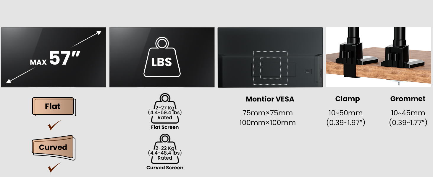 Кріплення для монітора 2 монітори один над одним, 24-57 дюймів, для плоских та вигнутих екранів, вантажопідйомність 2-27 кг, чорний