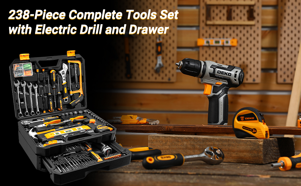 Акумуляторний дриль-шуруповерт DEKO 12V: набір інструментів 238 шт. з кейсом. Електричний дриль для дому, рукоділля та дрібного ремонту. Жовтий.