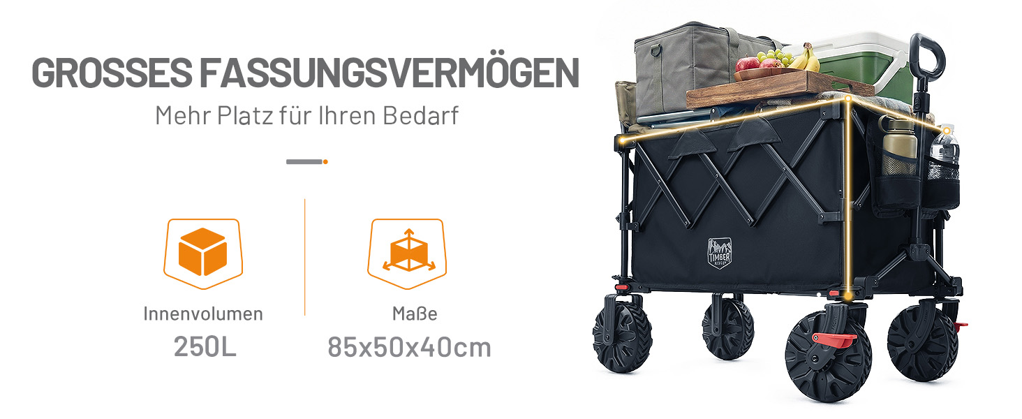 Універсальний складаний візок-тележка Timber Ridge XXL 250л для кемпінгу, саду та пляжу з гальмами, міцний (150 кг), чорний