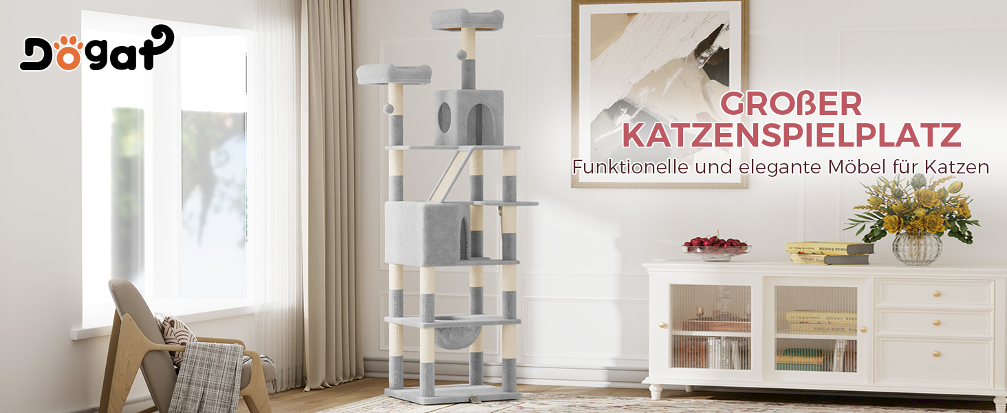 Великий кігтетопор для котів Dogat Katzenbaum XXL: кігтетопор, будиночок, гамак, 208 см, 16 стовпчиків, сірий