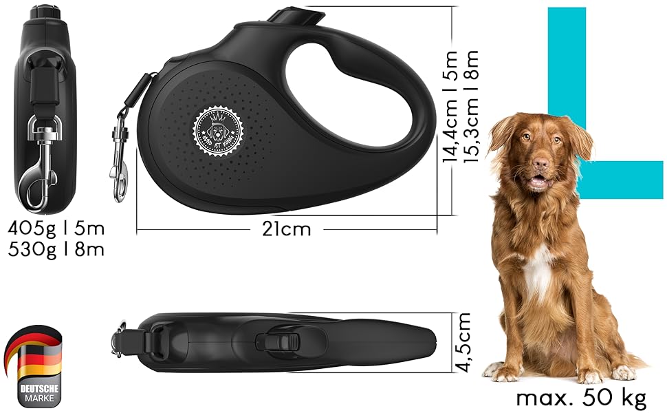 Extendable Dog Leash - 8m Retractable Leash for Small & Large Dogs - 50kg Weight Limit - Black