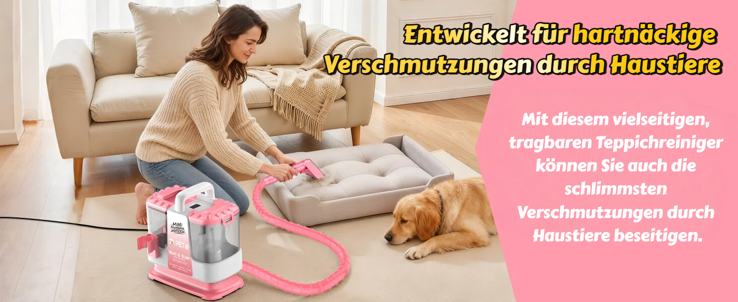 Портативний мийник для м'яких меблів 600W, 16Kpa, з розчином 500мл та 5 насадками. Для диванів, килимів, авто та сходин. Легкий та компактний, рожевий колір