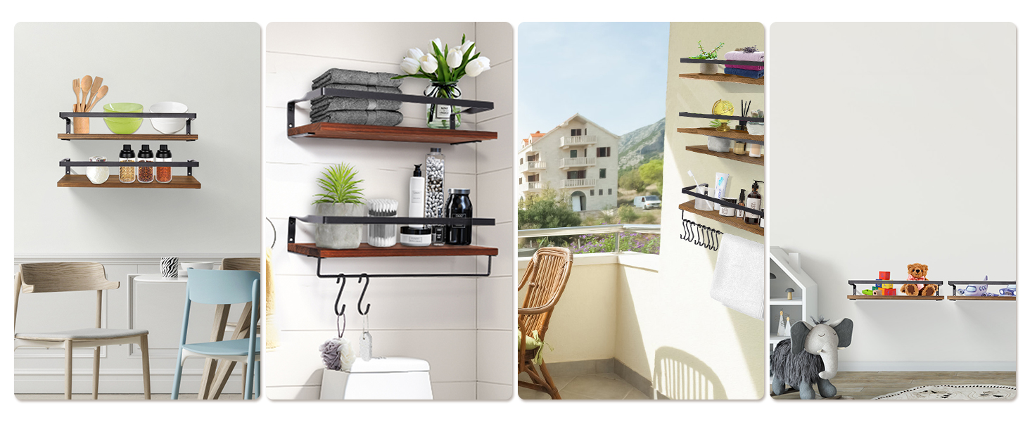 Настінні полиці AGM Wandregal 2 шт. з тримачем для рушників, дерев'яні, для ванної, кухні, вітальні, офісу, спальні (Темно-коричневий з гачками)