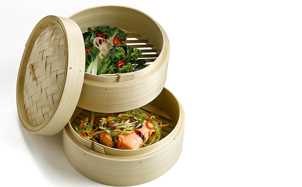 Бамбуковий пароварка Ken Hom 20 см, 2 рівня, Excellence — азіатський паровий кошик з кришкою для дім сам, овочів, м'яса, 2 бамбукових яруси, не для посудомийки