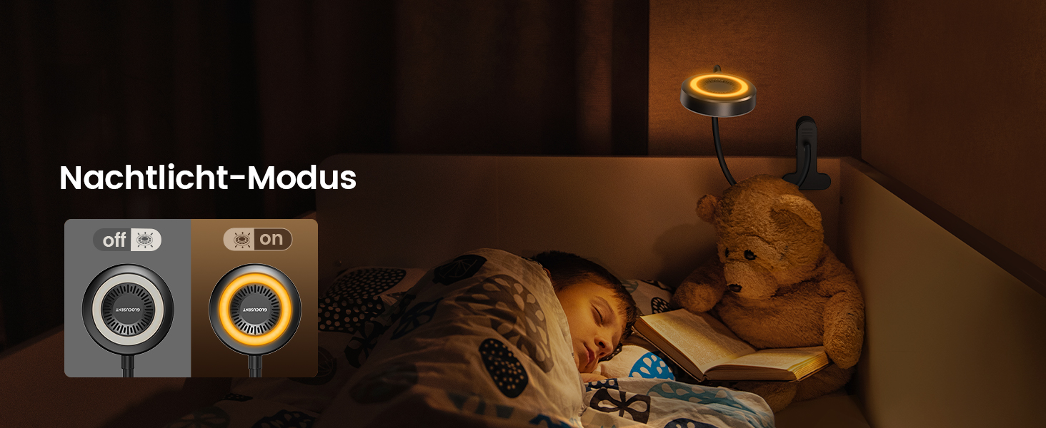 Світлодіодна приліжкова лампа Glocusent з кліпсою, 72 LED, 3 кольори, 5 рівнів яскравості, нічник, таймер, захист очей для читання, роботи (чорна з адаптером)