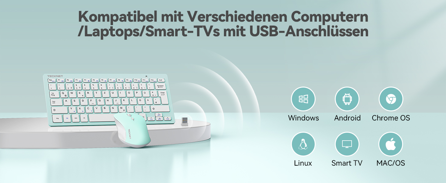 Бездротова клавіатура та миша TECKNET QWERTZ, 2.4 GHz, 15м, тиха, для ПК, ноутбука, Smart TV, білий (зелений)