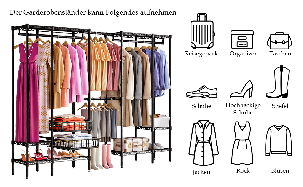 Важкий металевий вішак для одягу, розширюваний відкритий шафа для одягу з 2 висувними кошиками, (249-297) x 40 x 192 см (Чорний)