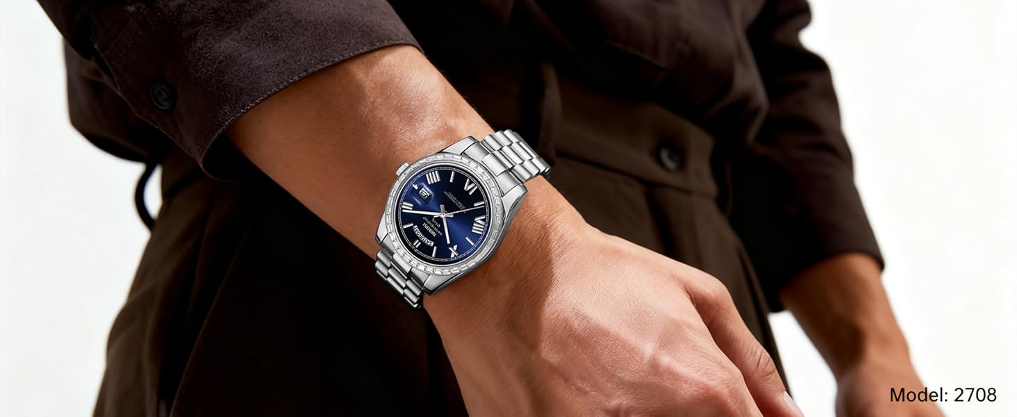 Годинник NIBOSI для чоловіків: аналоговий кварцовий годинник з діамантовою лускою, сталевий циферблат рожевого золота, водостійкий бізнес-класичний годинник з датою та днем тижня, срібно-блакитний колір