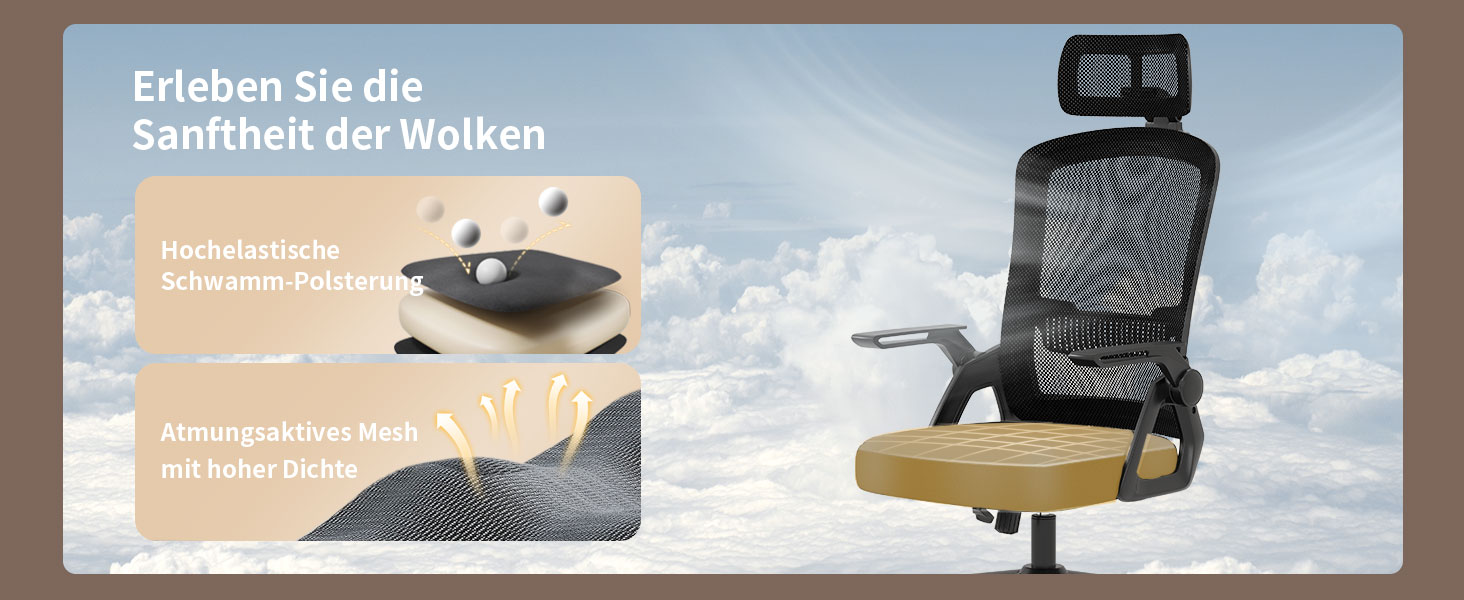 Офісний стіл Naspiro Ergonomic, регульований по висоті, поворотний крісло з дихаючою спинкою з сітки, відкидні підлокітники на 90° та поперекова підтримка, високощільна піна для дому/офісу (Чорний-1, з підголівником)